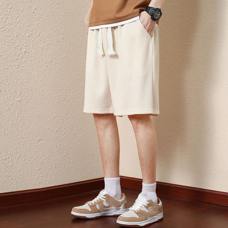 Pantaloni Scurți Bărbați Culoare Solidă Talie Medie Pantaloni Scurți de Vară Textură Waffle Croiala Adâncă Șnur Pantaloni Scurți Bărbați Largi Lungime Până la Genunchi Scurți Casual