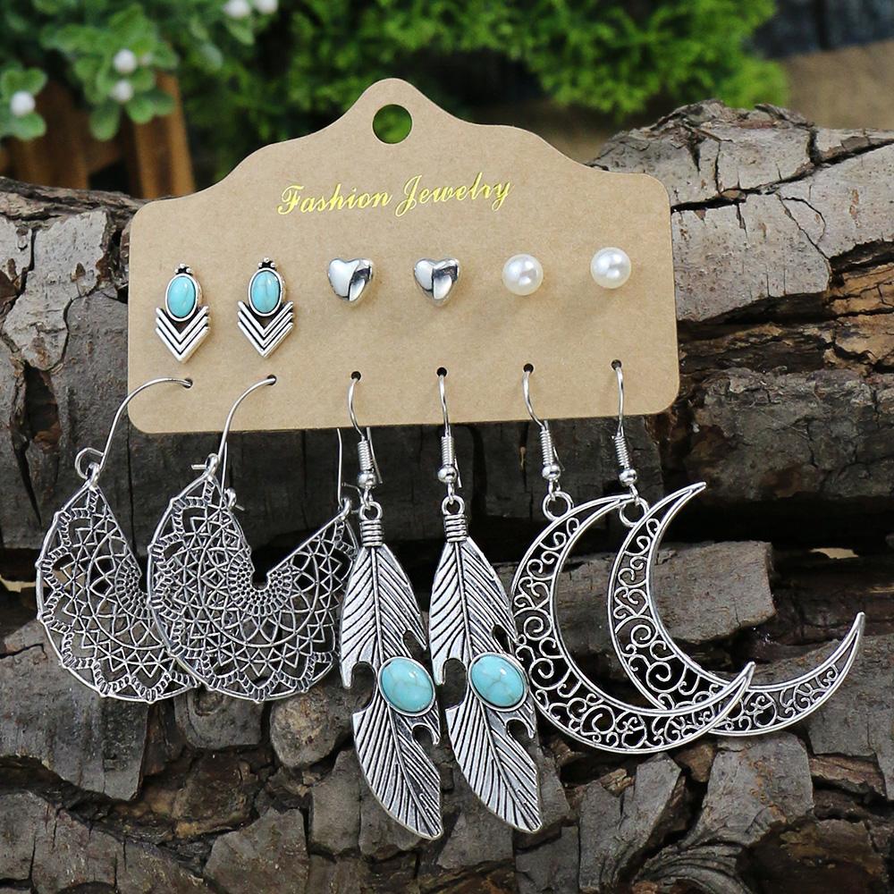 Vintage Fashion Earring Set Silver Plated Turquoise Inlaid Beaded Large Collar Snake Leaf Decoration Party Gifts
