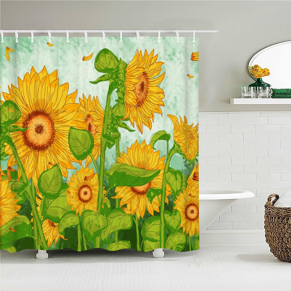 3d Sunflower Yellow Flowers Shark Shower Curtains Bathroom Waterproof Bath Curtain Polyester Cloth With Hooks Decor Bath Screen