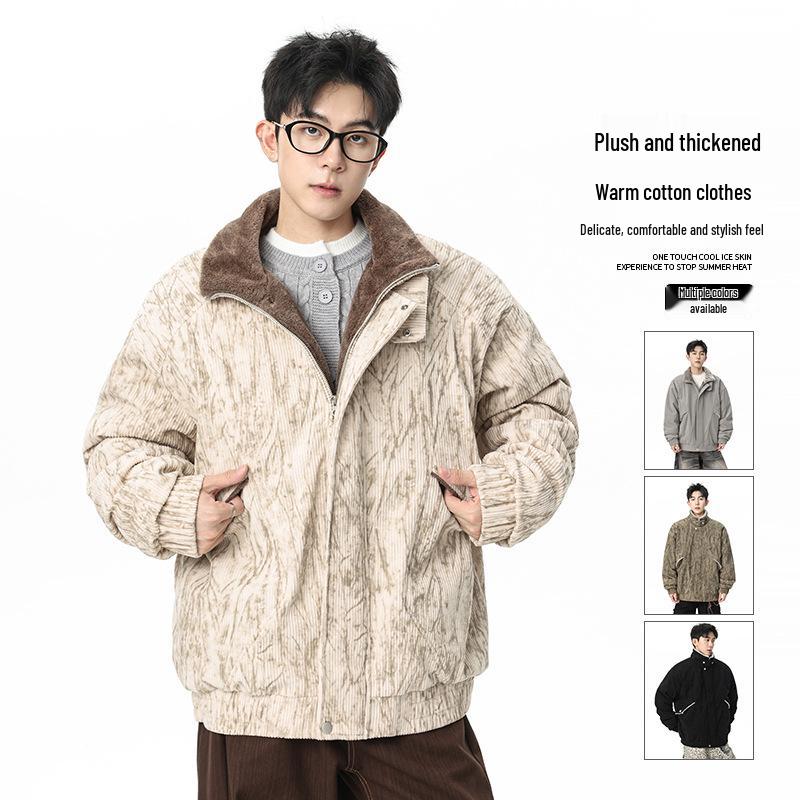 2025 Men's Japanese Retro Fur Collar Cotton Padded Jacket - Warm, Casual, Loose Fit Fashion Top for Autumn/Winter