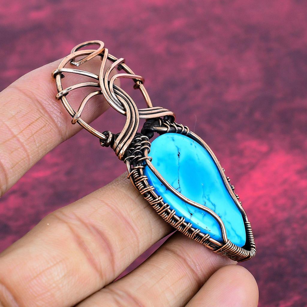 Tibetan Turquoise Pendant Copper Wire Wrapped Handmade Pendant Gemstone Jewelry