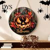 Autumn Atmosphere Hanging Ornament Halloween Wooden Door Hanger Sign, Flame Pumpkin Maple Leaf Printed Round Plaque, Hemp Rope Decor Waterproof
