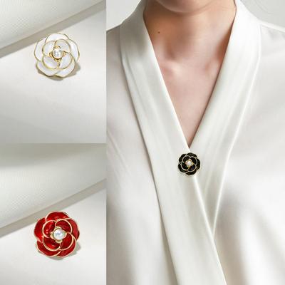 Oil-dripping Camellia Anti-glare Neckline Small Brooch, Women's Exquisite Pearl Brooch with Hidden Buckle