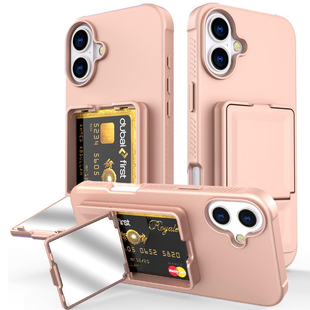 For iPhone 16 Case Skin-Touch Card Holder TPU+PC Phone Cover with Mirror Kickstand