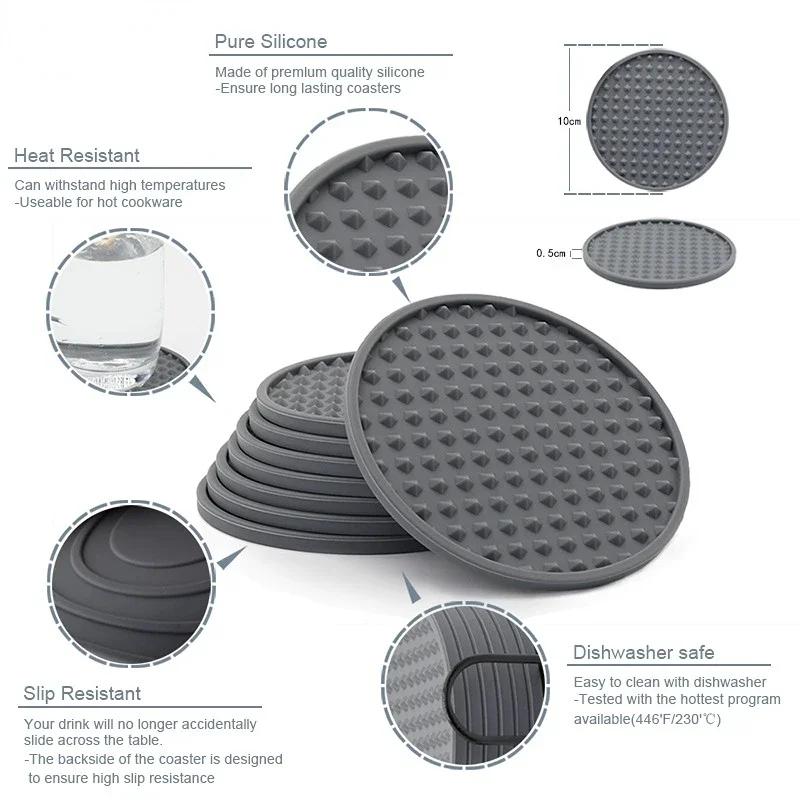 6pcs Silicone Coasters Round Heat Resistant Rubber Tea Cup Mat Drink Coffee Mug Glass Beverage Holder Pad Decor Table Mat 10cm