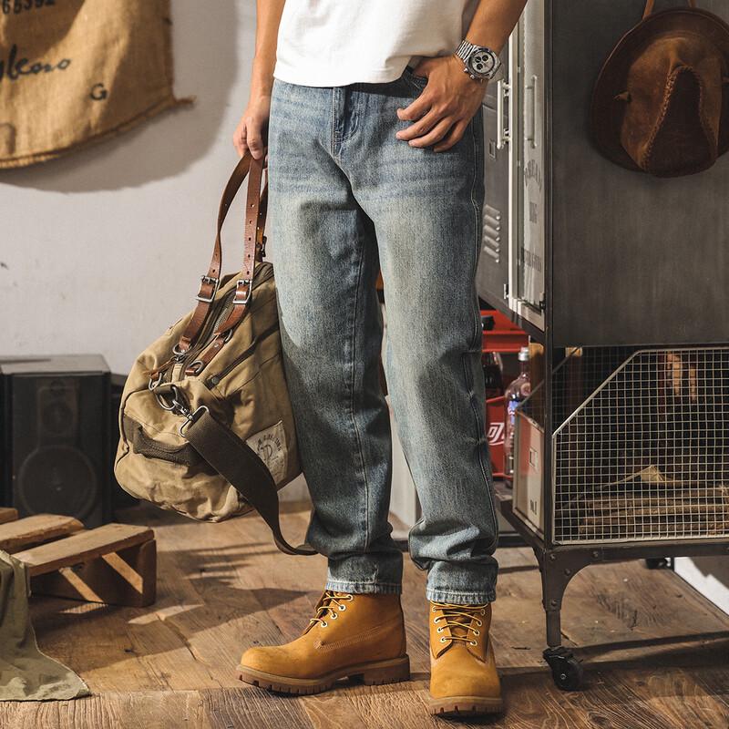 Jie Leinuo Men's Loose Straight Vintage Washed Denim Jeans