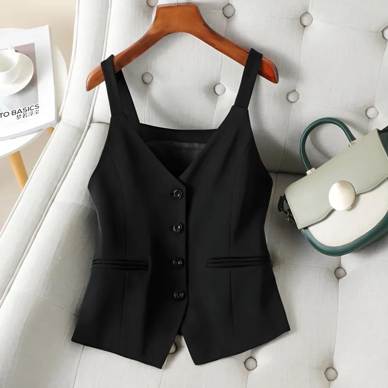 

Women s Blazer Vest Jacket Spring Autumn Korean Version Ladies Coat Casual Sleeveless Appear Thin Female Suit Waistcoats XS чорний