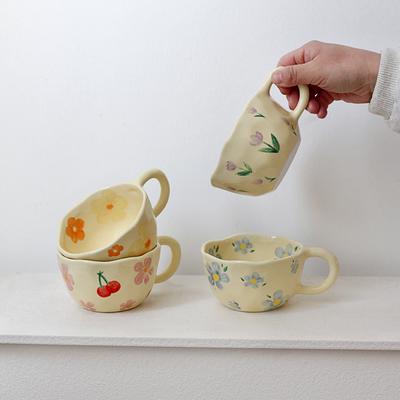 Creative Hand Pinched Irregular Flower Coffee Mugs with Handle Korean Style Ceramic Mug Breakfast Oatmeal Milk Tea Cup Drinkware