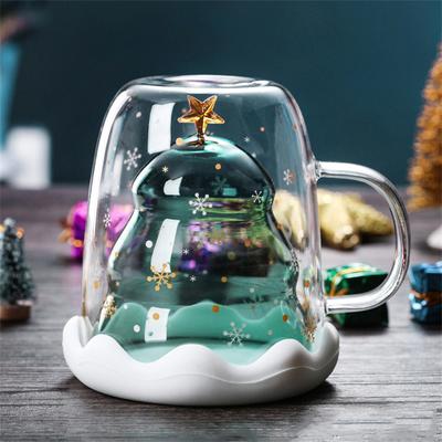 300ML Christmas Tree Mug Heat-Resistant Double Wall Glass Cup with Handle Snowflake Coffee Mug with Lid Drinking Cup Xmas Gift