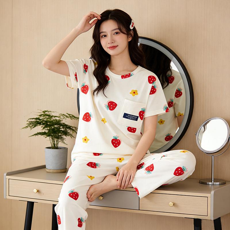 Summer Sweet Women's Pajamas Small Fresh Flowers Strawberry Short-sleeved Trousers Set Loose and Can Be Worn Outside Loungewear