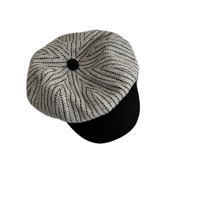 New Color Matching Brim Octagonal Hat Children's Autumn and Winter Woolen Cap Versatile Newsboy Hat Retro Beret