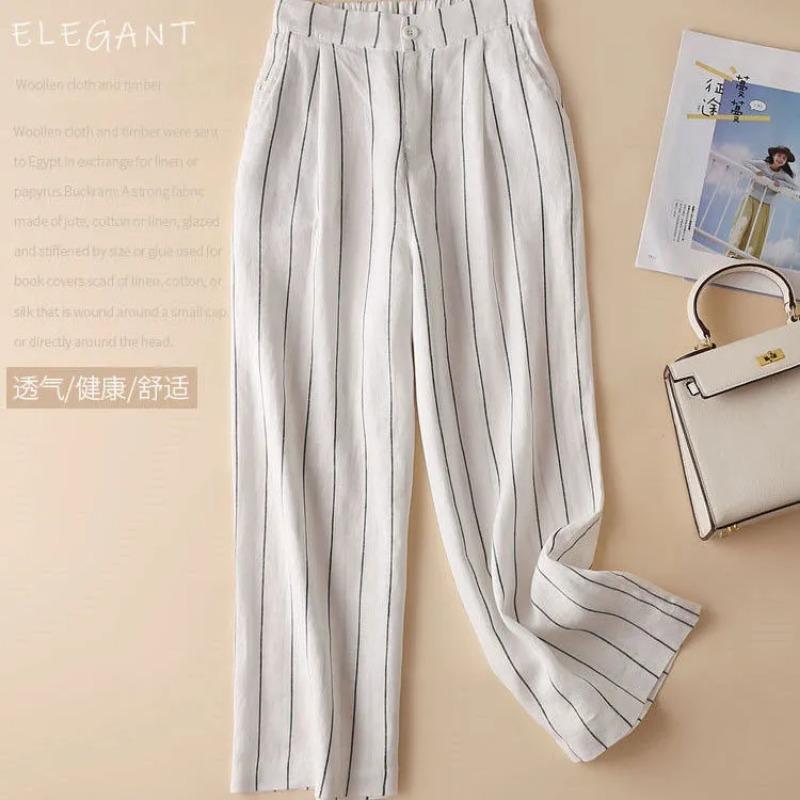 

Женские летние тонкие полосатые широкие брюки из хлопка и льна, свободные повседневные прямые брюки со строчкой L белый