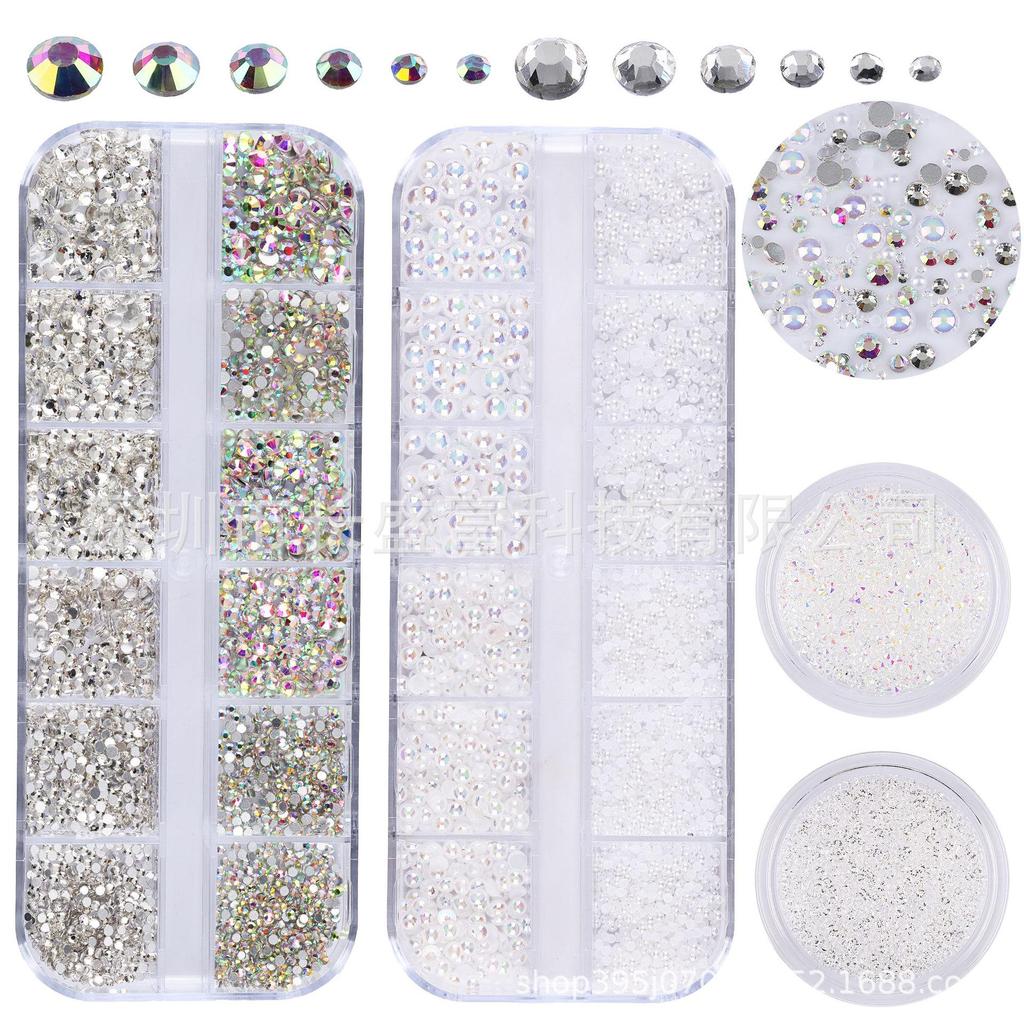 Cross-Burst Flash Glass Nail Art Drill Set: 12-Grid Flat-Bottomed Pearl & AB Nail Decorations