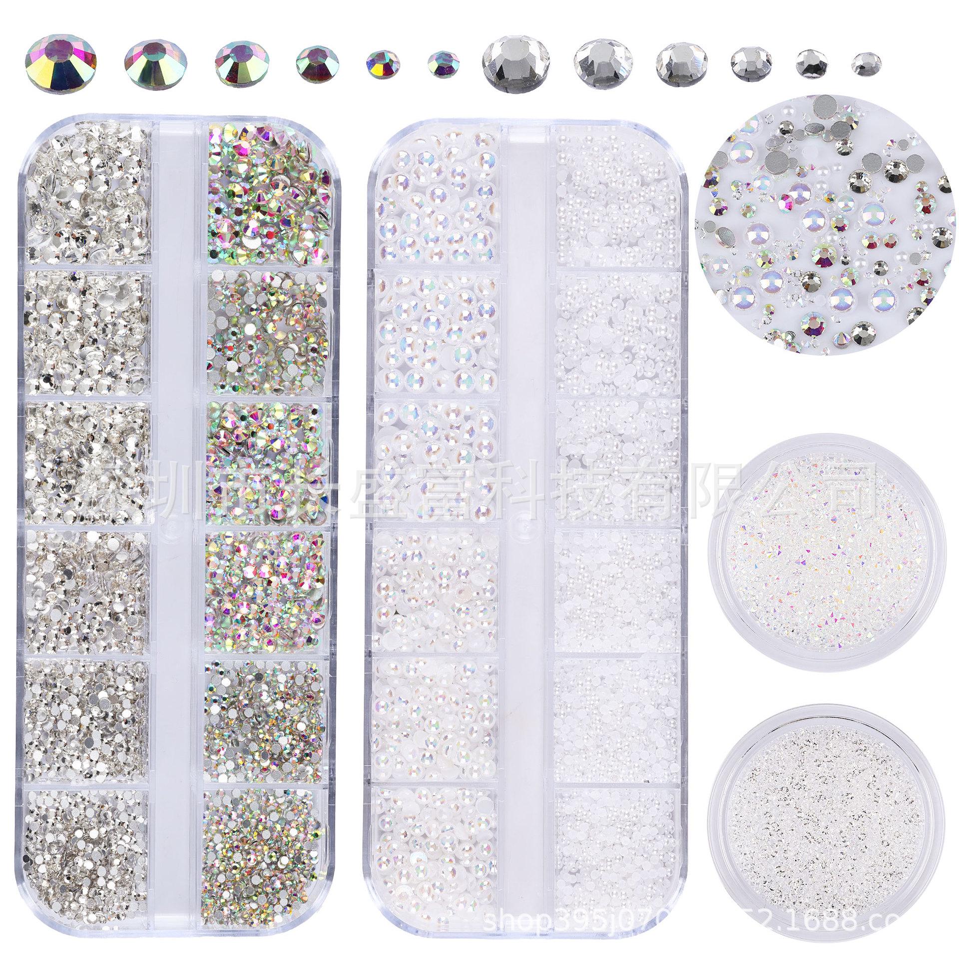 

Cross-Burst Flash Glass Nail Art Drill Set: 12-Grid Flat-Bottomed Pearl & AB Nail Decorations
