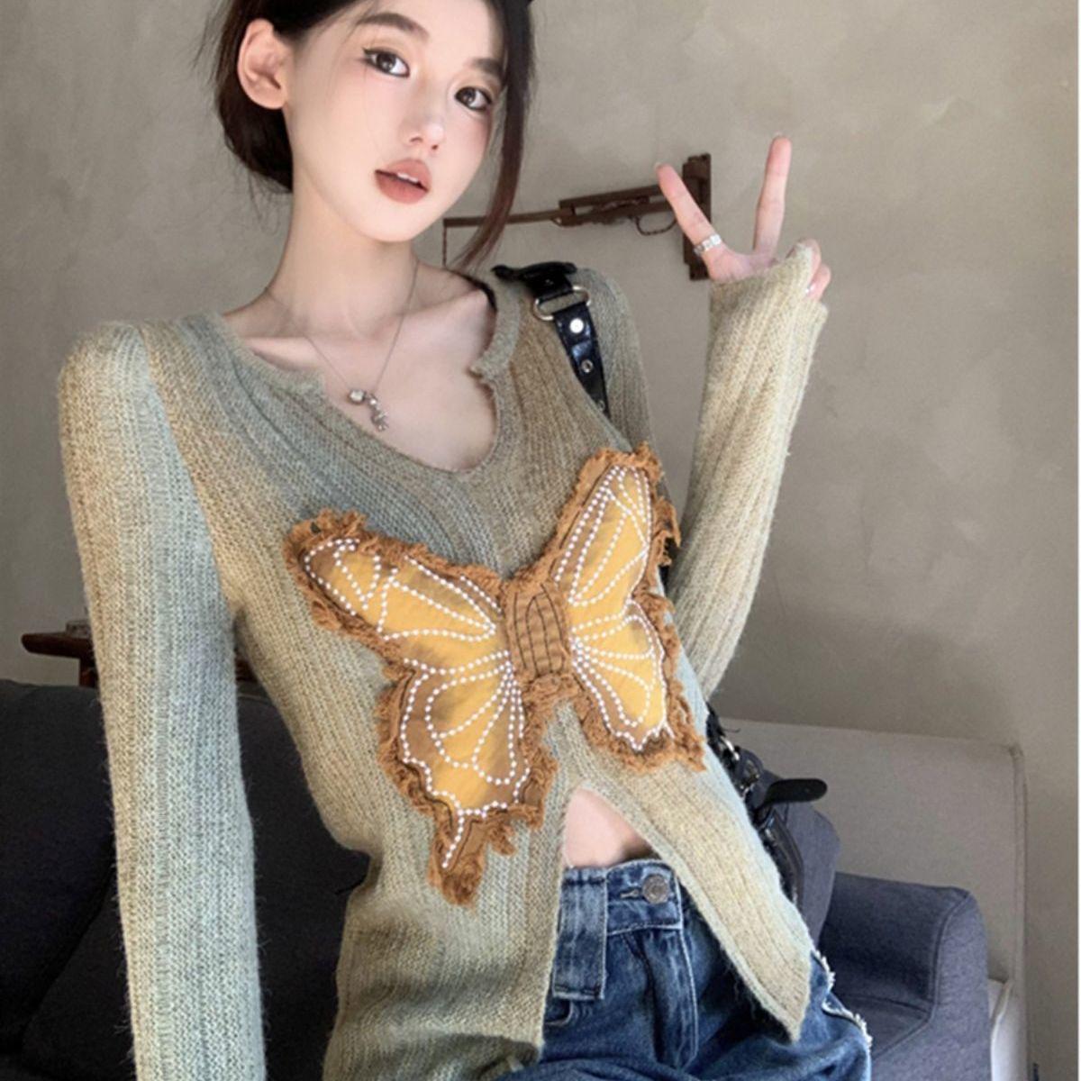 

Вязаный свитер облегающего кроя с дизайном бабочки - Женская осенняя коллекция One Size жёлтый