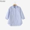 Women Casual Turn Down Collar 3/4 Sleeve Loose Stripe Blouse