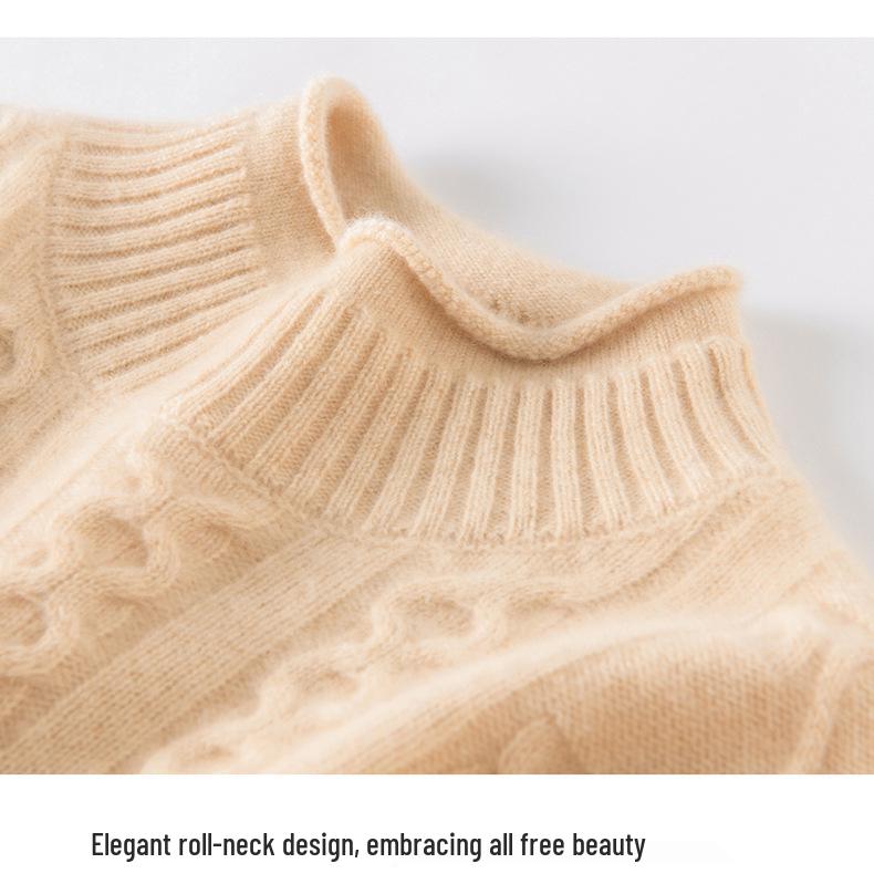 2025 Autumn Women's High Neck Cable Knit Cashmere Sweater - Loose Fit with Diamond Pattern