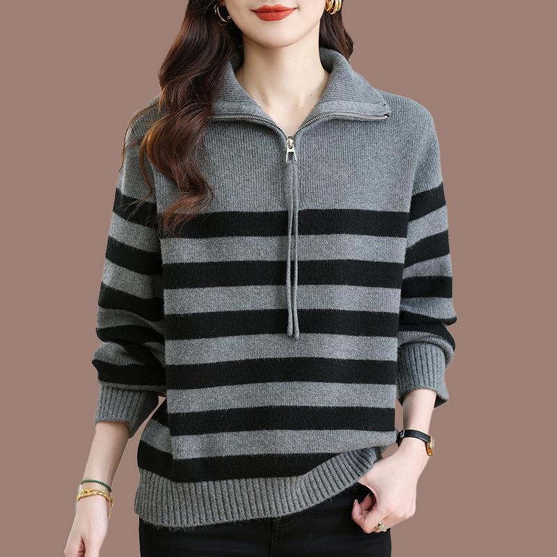 Half Zipper Sweater Women's New Autumn and Winter Lapel Collar Inner Bottoming Shirt Striped Knitted Sweater Top