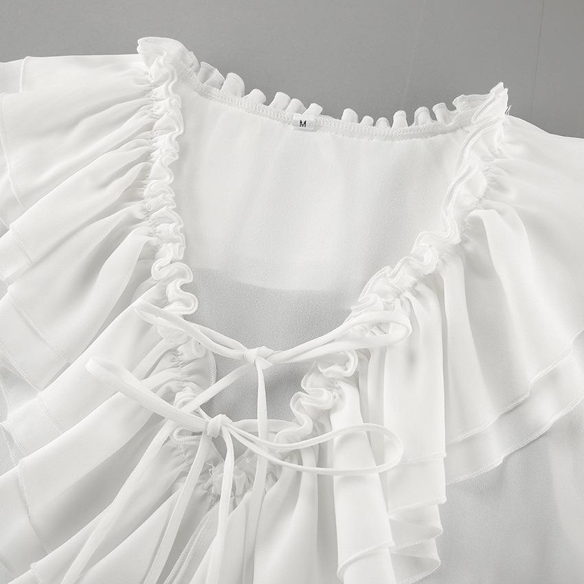Spring and summer new loose V-neck lace-up ruffle edge long-sleeved shirt women's European and American fashion simple temperament commuter women's 