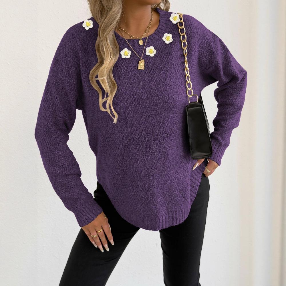 New Autumn and Winter Pullover Tops for Women, Hand-hooked Flower Patchwork Round Neck Comfortable and Casual Sweater