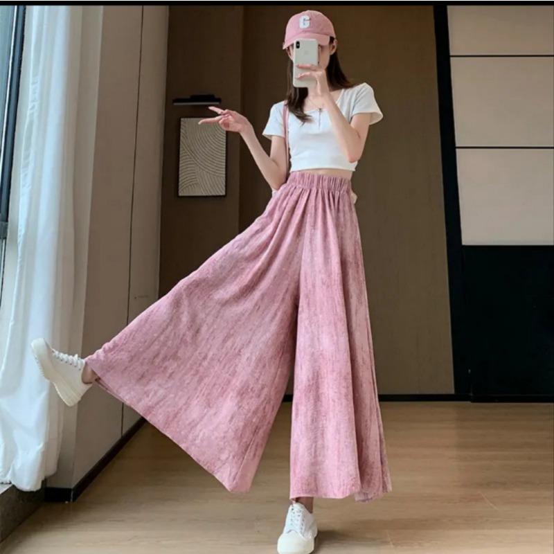 

Юбка-брюки с принтом тай-дай, кофейный перерыв, летние тонкие дышащие свободные повседневные брюки, темпераментные универсальные брюки с высокой талией, тонкие широкие брюки XL: 120-80kg розовый