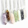 Crystal Hexagonal Pillar Wire-Wrapped Natural Stone Pendant Necklace