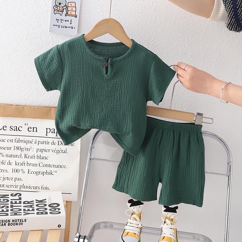 Summer Cotton Linen Boys' Crew Neck Short Sleeve and Shorts Two-Piece Set