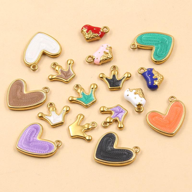 3 Styles DIY Heart Crown Enamel Charms: Stainless Steel Drip Oil Gold Pendants