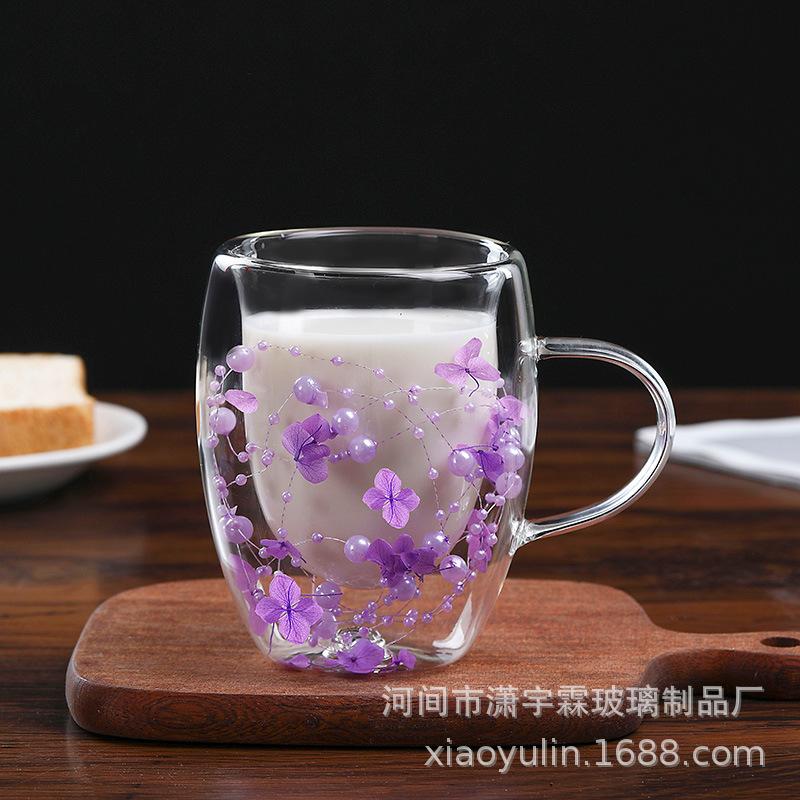 

Double-layer Real Flower Cup Internet Celebrity High-value Milk Coffee Cup High Borosilicate Double-layer Glass Dried Flower Cup 350ml