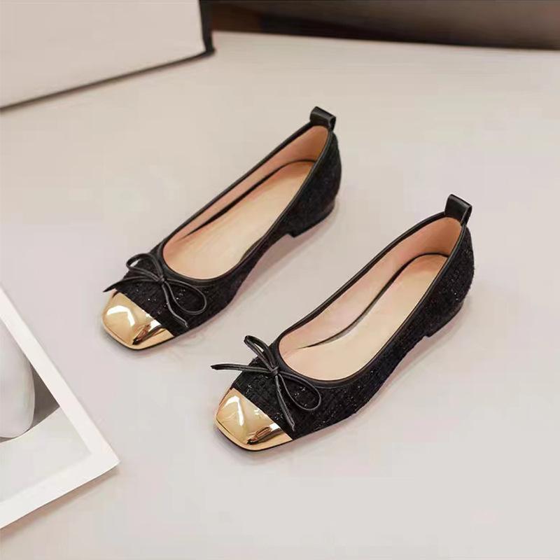 

Туфли-балетки новые металлические туфли-одинарки женские мягкая подошва мелкий вырез 2025 весна и лето бант маленький ароматный квадратный носок балетки 40 чёрный