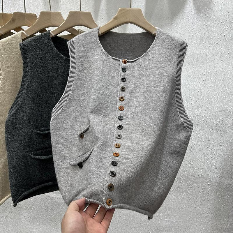 Dimanaf 2025 Høst Dame Knapper Ermeløs Vest Gensere Stil Løs Strikk Casual Genser