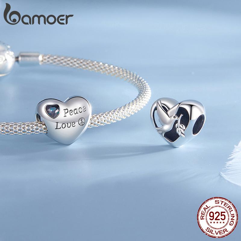 BAMOER 925 Sterling Silver Peace Charm Anti War Charm Peace & Love Silicone Safety Chain Fit Original Bracelet Necklace DIY Gift