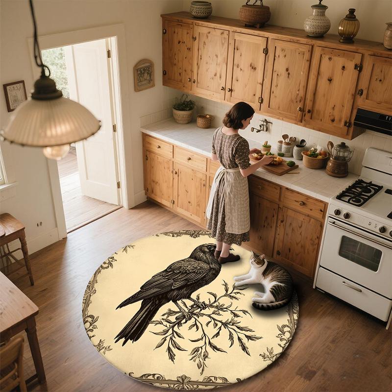 Vintage Border Crow,Round Area Rug,Carpet Rug for Living Room Bedroom Sofa Playroom Decor,Non-slip Floor Mat