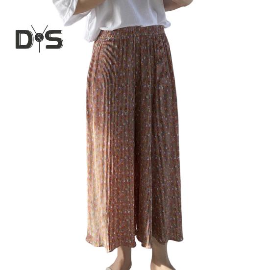 Dámské kalhoty Elastické kalhoty s vysokým pasem a širokými nohavicemi s květinovým potiskem s řaseným nařaseným dlouhým kalhotám do domácího salonku