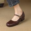 New Four-season Leather Shoes Casual Solid Color Buckle Women's Low-top Shoes Single Shoes Low-heeled Flat Shoes Square Head Square Heel