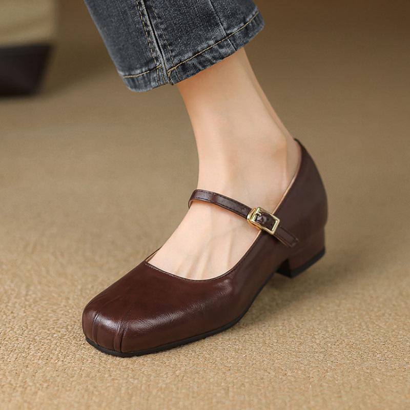 New Four-season Leather Shoes Casual Solid Color Buckle Women's Low-top Shoes Single Shoes Low-heeled Flat Shoes Square Head Square Heel