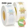 500 Stickers/Roll Large Size Hot Stamping Golden and Silver Snowflake Graffiti Self-Adhesive Stickers Transparent Round Festive Party Christmas