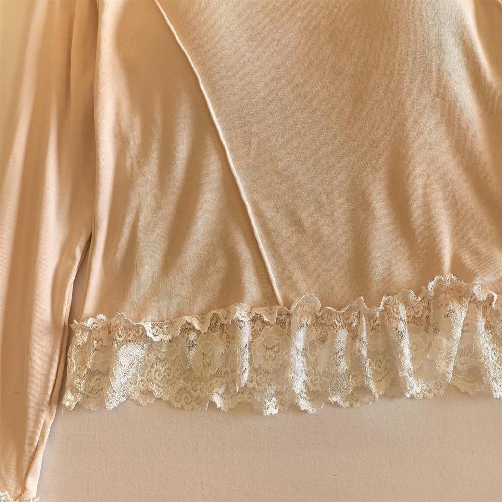 Women's Lace-Trim Pajama Set with Chest Pads - Long Sleeve & Pants, Sweet Influencer Style, Cotton Homewear for All Seasons