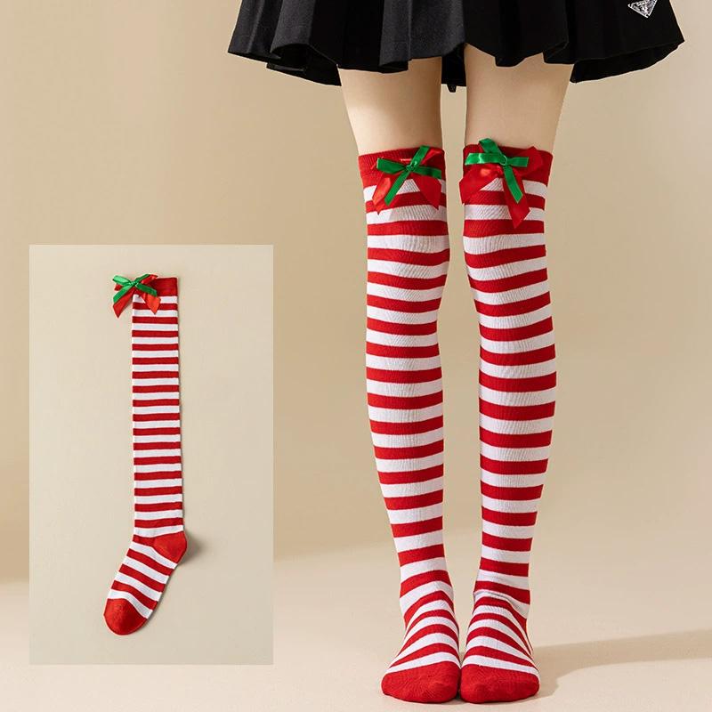Women with Bow Accent for Women Girls Christmas Socks Knee-High Over-the-Knee Elegant Red & Green Striped Long Socks