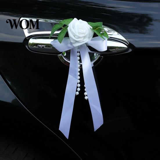 Cost Effective Wedding Decor Artificial White Rose Car Decoration, Door Handle & Rearview Mirror Flower Bouquet Decoration with Satin Ribbon