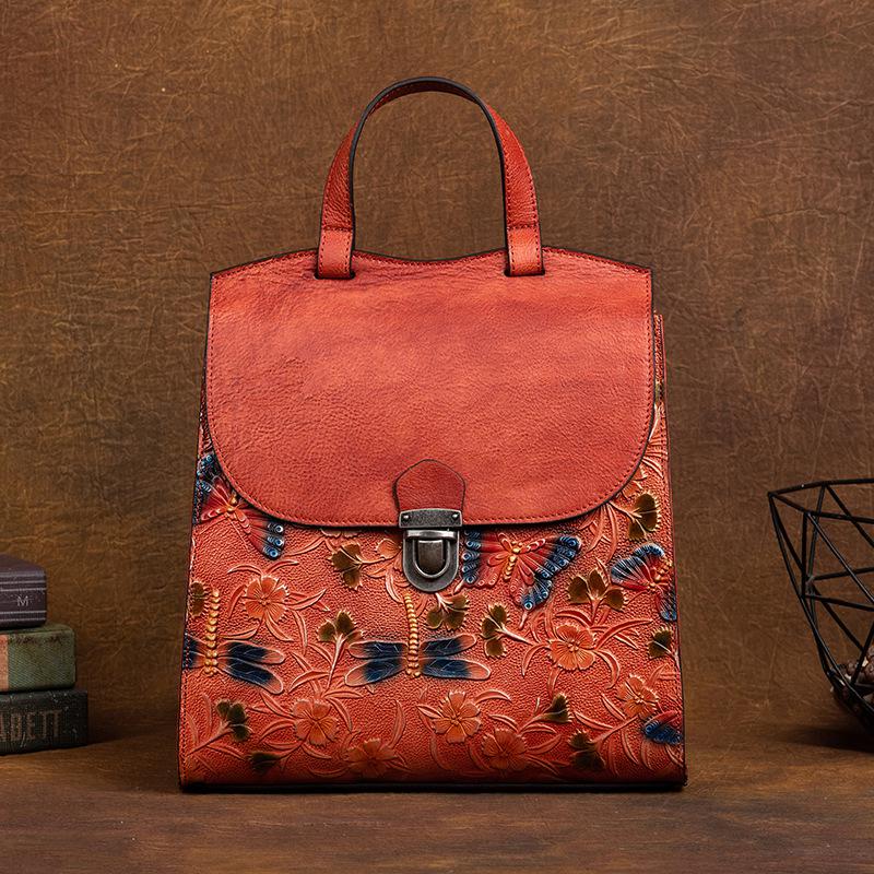 Johnature Vintage Embossed Backpack Genuine Leather Women Bag Chinese Style Floral Natural Soft Cowhide Ladise Travel Bags