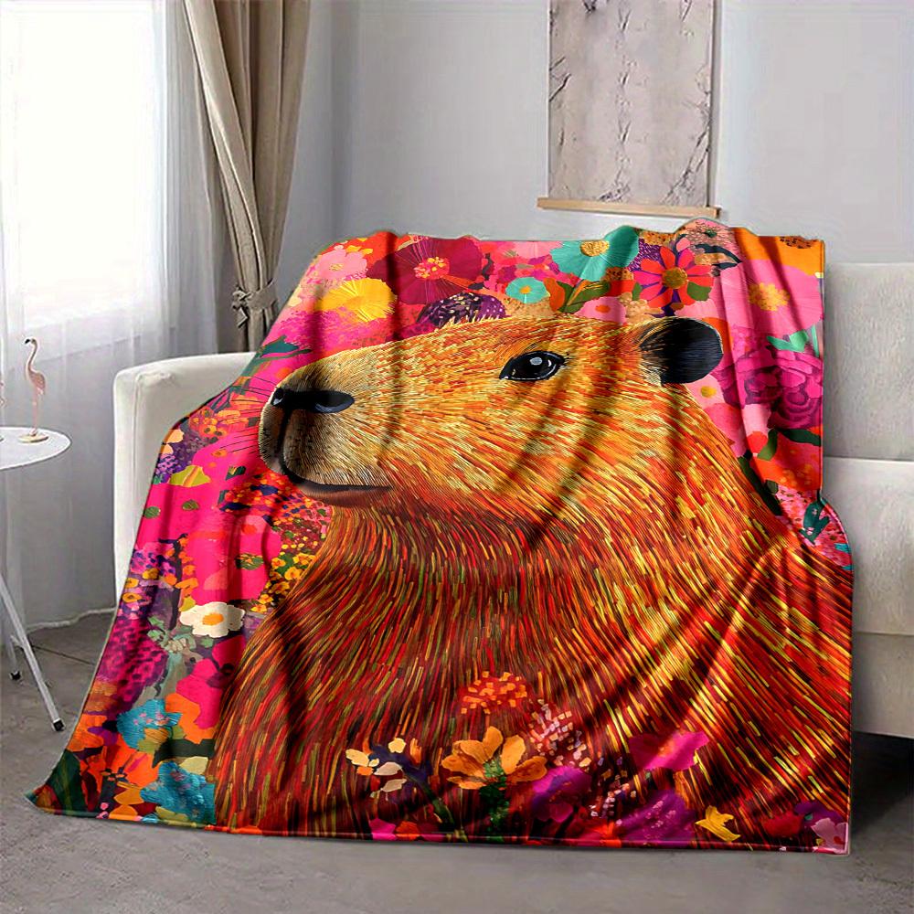 1pc Capybara, Floral Print Soft & Warm Polyester Knit Blanket, Digital Printed, All-Season Throw for Napping, Traveling, Sofa yy250906026