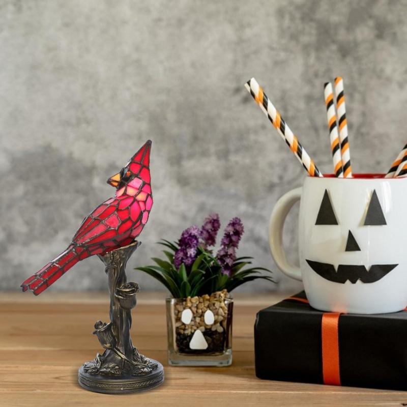 Crystal Table Lamp Cardinal Red Bird Stained Glass Night Light Halloween Decoration Lamps for Bedroom Living Room Decor
