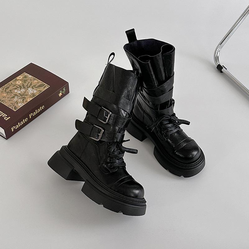 Fashion Comemore Thick Bottom Heightening Short Boots Women's 2025 New Autumn Suede Belt Buckle Punk Style Solid Mid-calf Bota Femininas