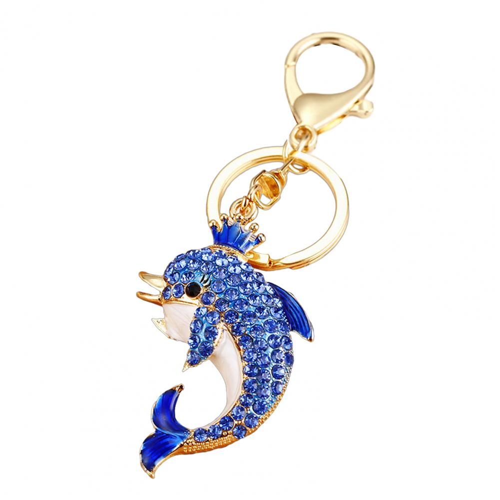 Backpack Keychain Sparkling Rhinestone Dolphin Keychain Charm Crowned Decorative Key Holder Wallet Backpack Accessory for Car