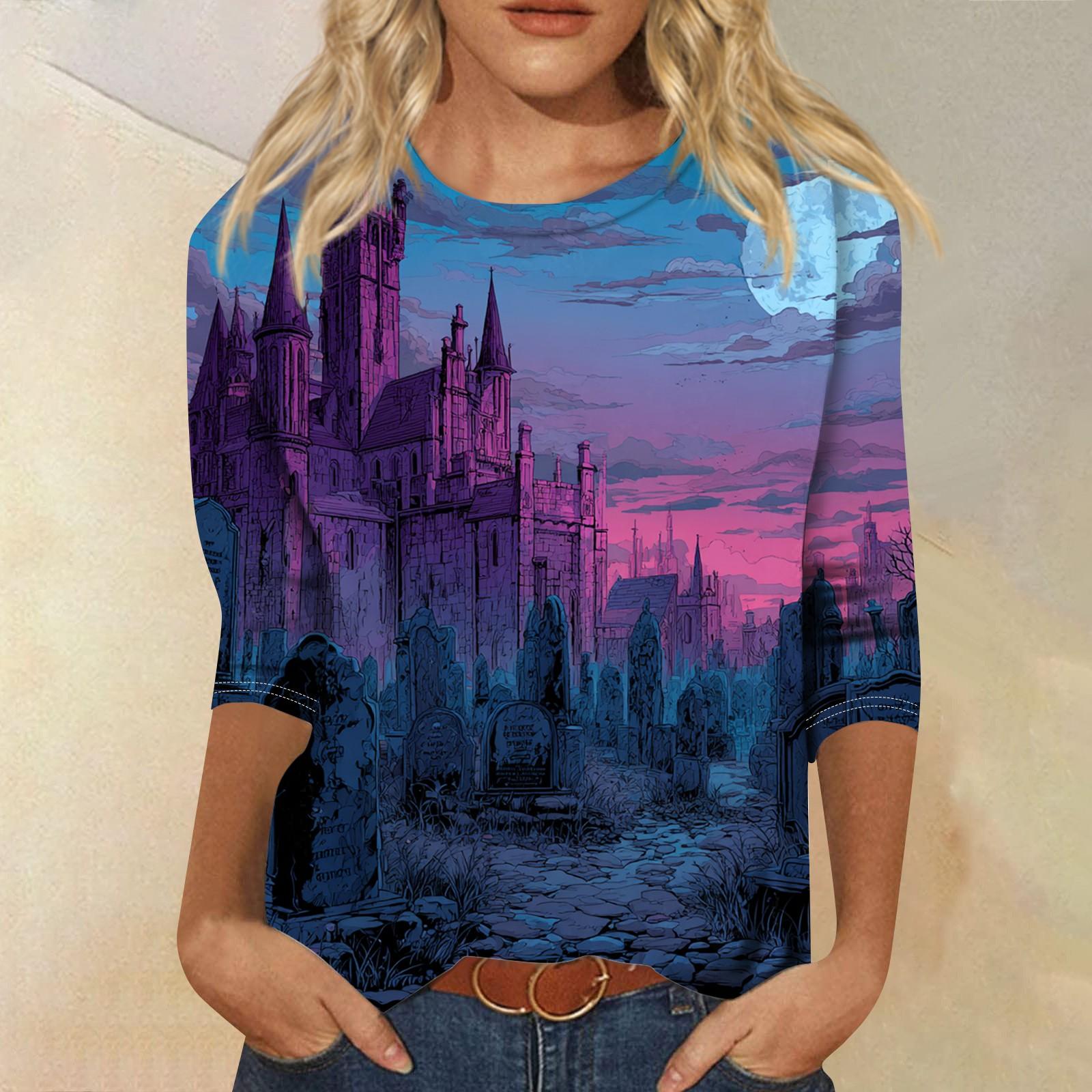 

Женская модная повседневная футболка с круглым вырезом и рукавом три четверти с принтом на Хэллоуин XL синий