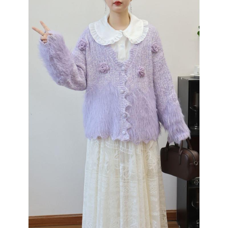 

Осень и зима новый кардиган из вязаного имитационного норкового бархата с трехмерными цветами с пайетками, мягкий, восковой, нежный, ветрозащитный свитер-жакет для женщин one size fits all фиолетовый