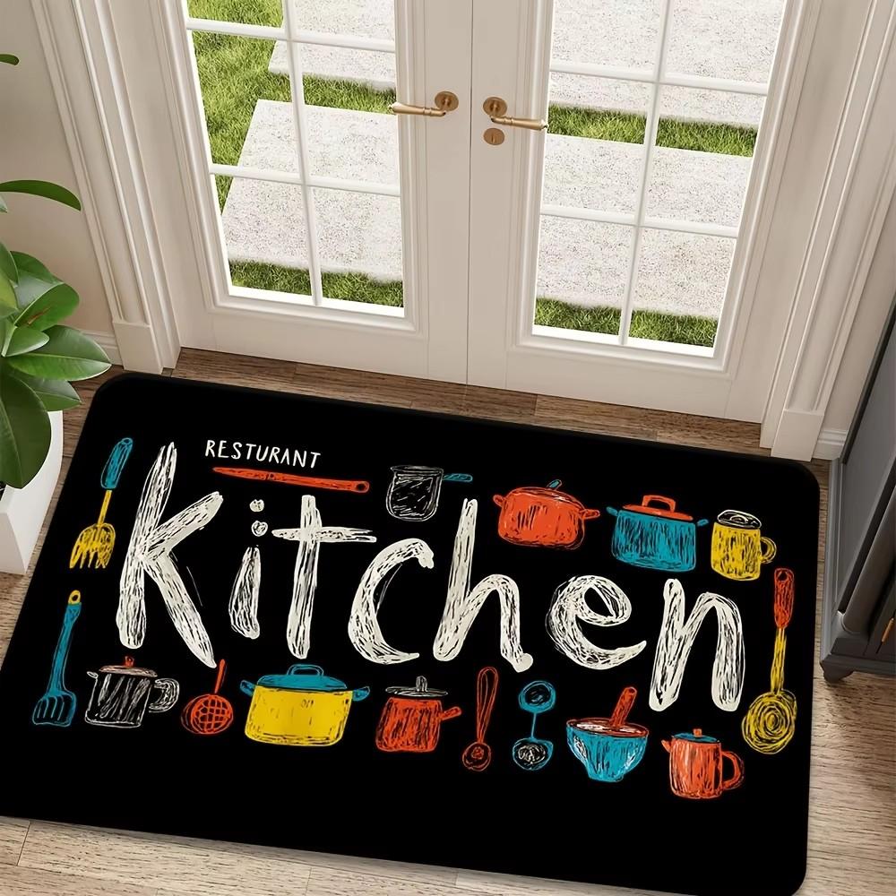 

Kitchen Tools Door Mat-Colorful Cutlery and Text Design on Black Background, Non-slip, for Entrance or Home Decoration 40x60cm