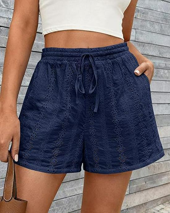 2026 European and American Women's Casual Hollow Elastic Drawstring Beach Shorts in Solid Color