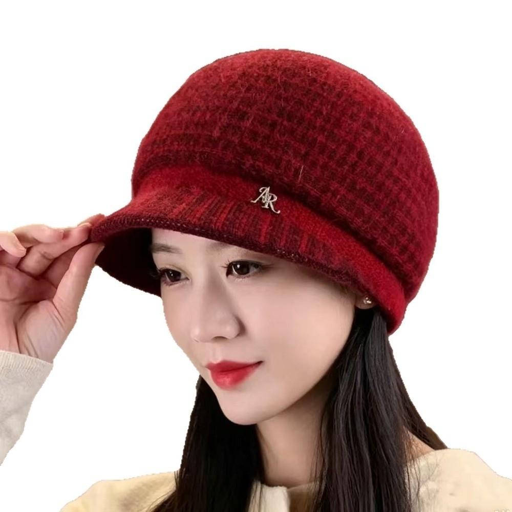 Short Brim Design Knitted Cap Rabbit Fuzz Fabric Fleece Lined Beanie  Mom Daily Accessory